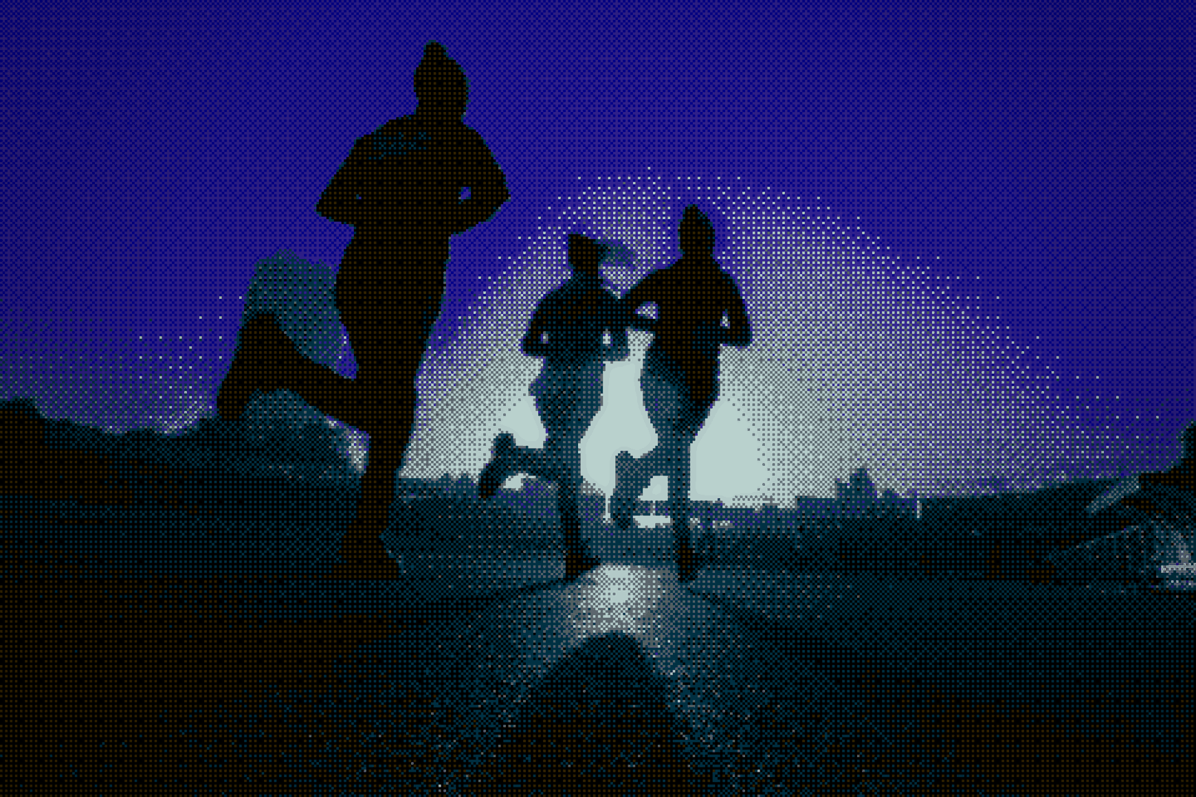Three runners silhouetted against a bright dawn sky